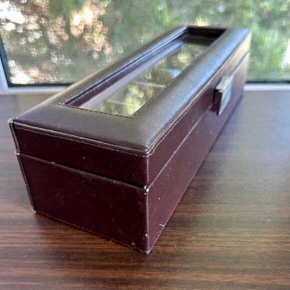 Vintage Brown Faux Leather 6 Slot Watch Box with Glass Lid and Cushions - Picture 14 of 16